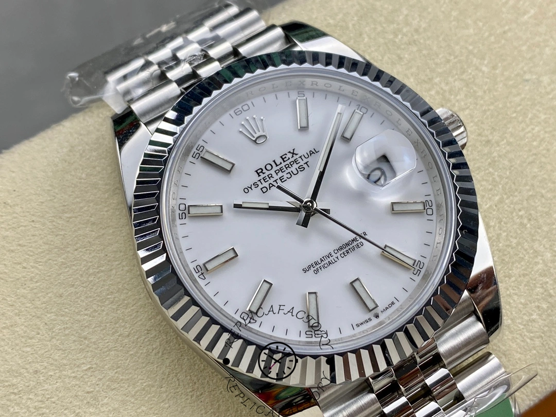 Angled close-up of the Rolex Datejust 41 M126334-0010 highlighting the white dial and fluted bezel.