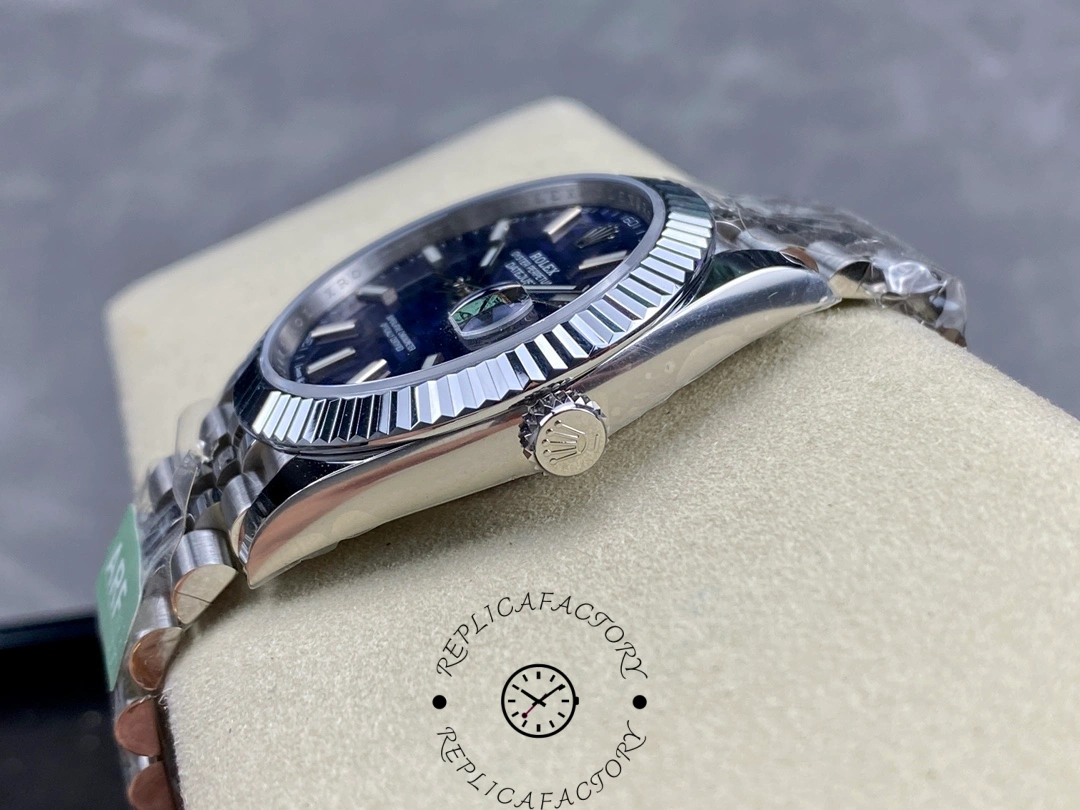 Crown-side view of Rolex Datejust 126334 ARF with fluted bezel and Jubilee bracelet.