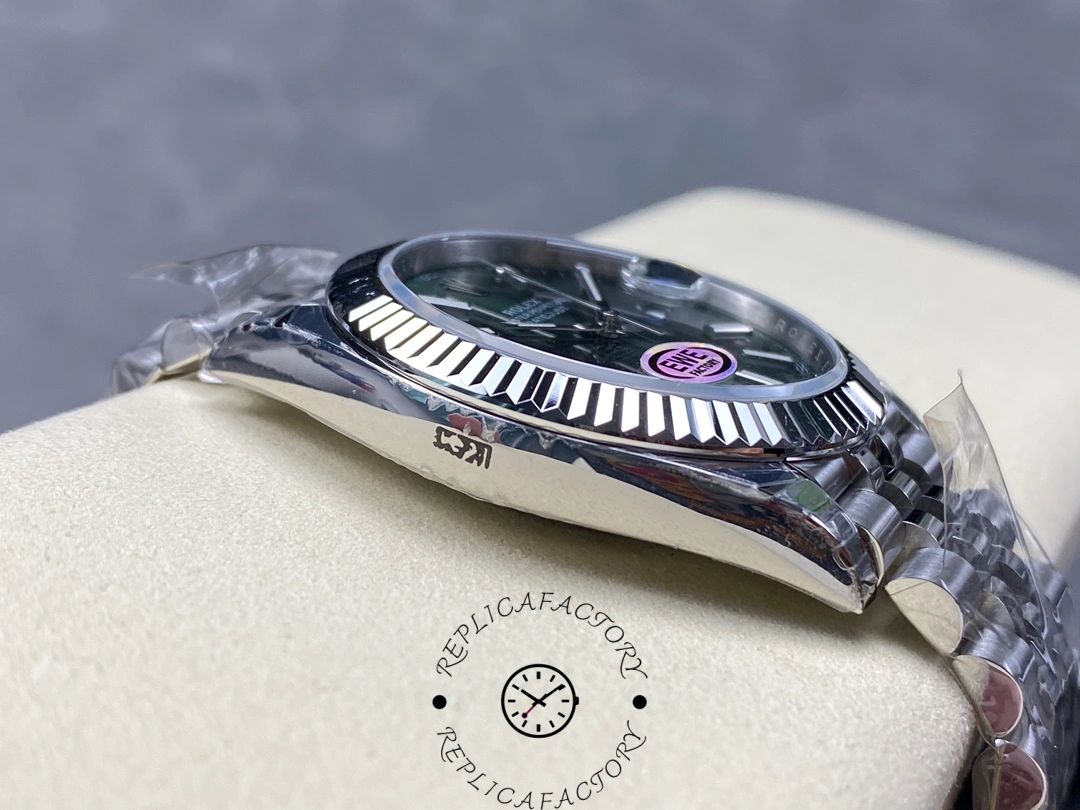 Side profile of Rolex Datejust 126334 EWE showing polished case and fluted bezel.
