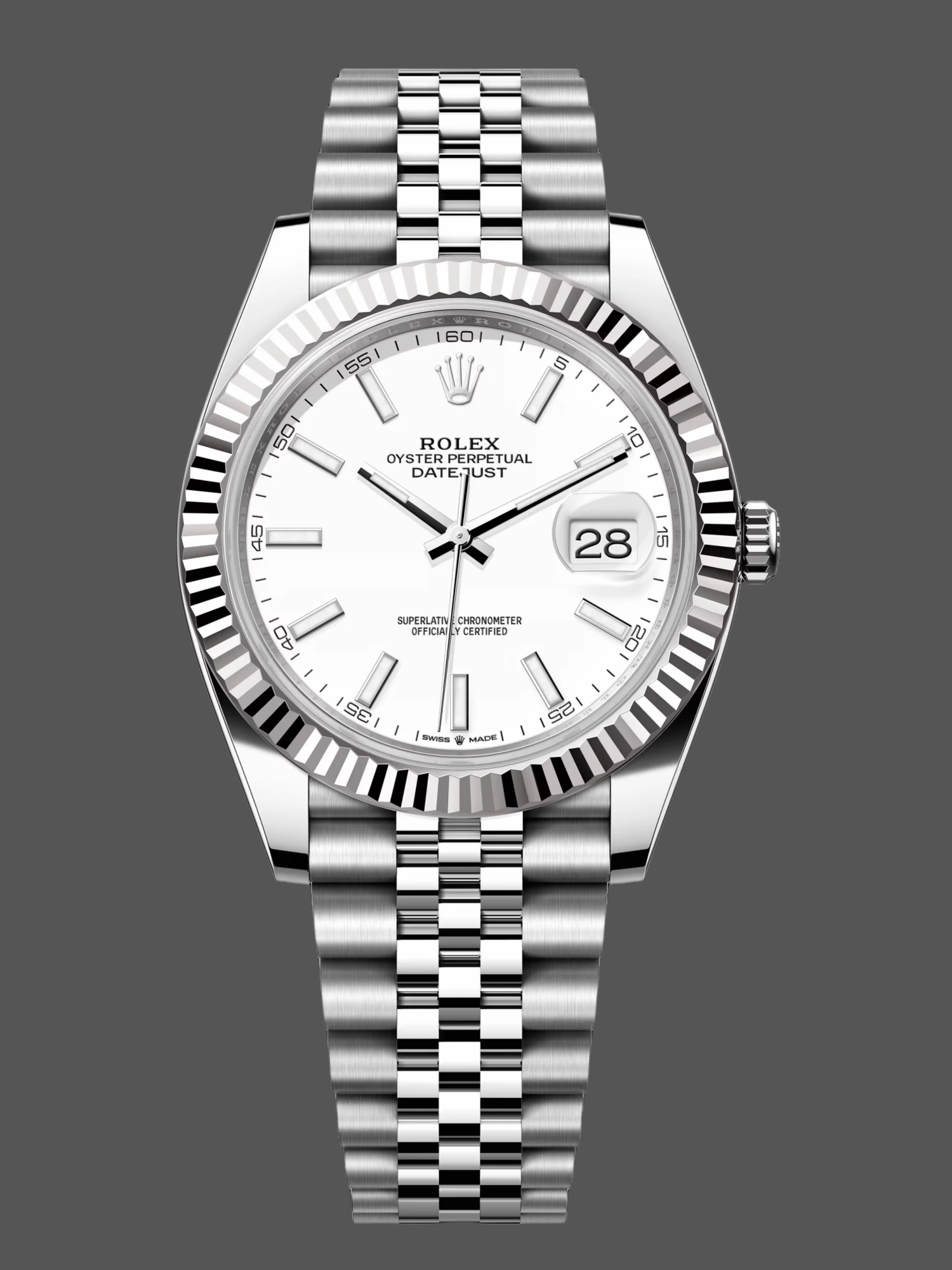 Front view of the Rolex Datejust 41 M126334-0010 showing the white dial, fluted bezel and Jubilee bracelet.