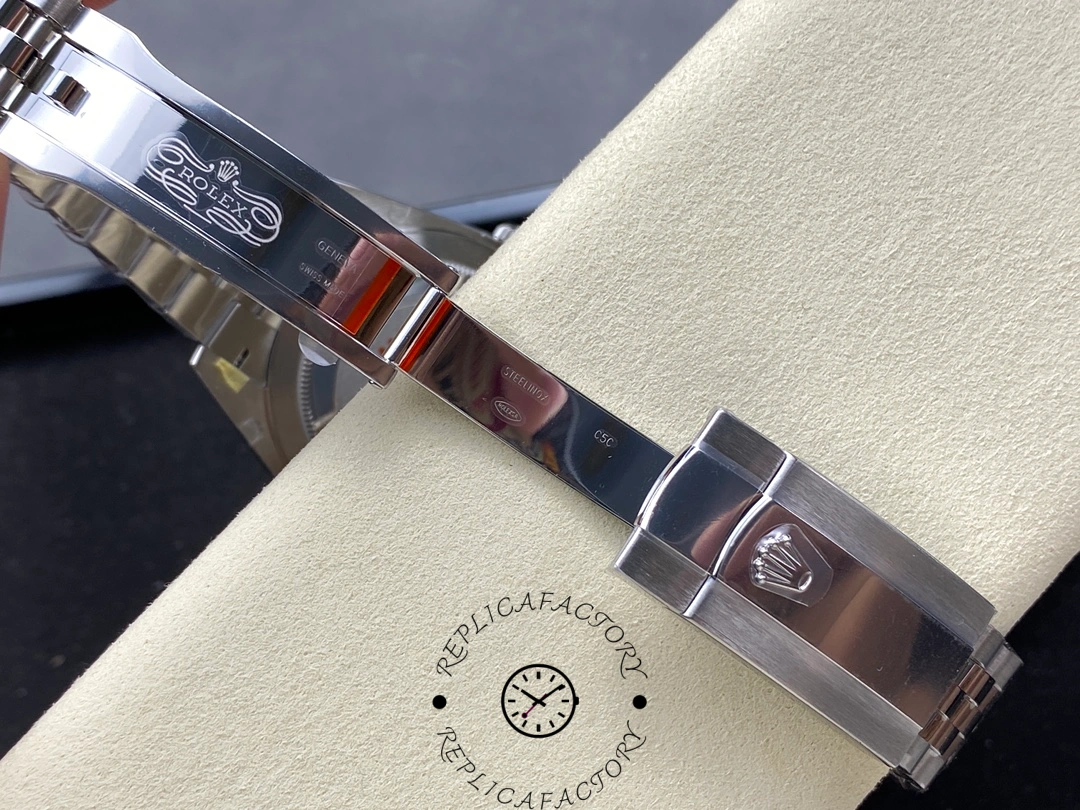 Inside clasp view of Rolex Datejust 126334 EWE showing engraved details.