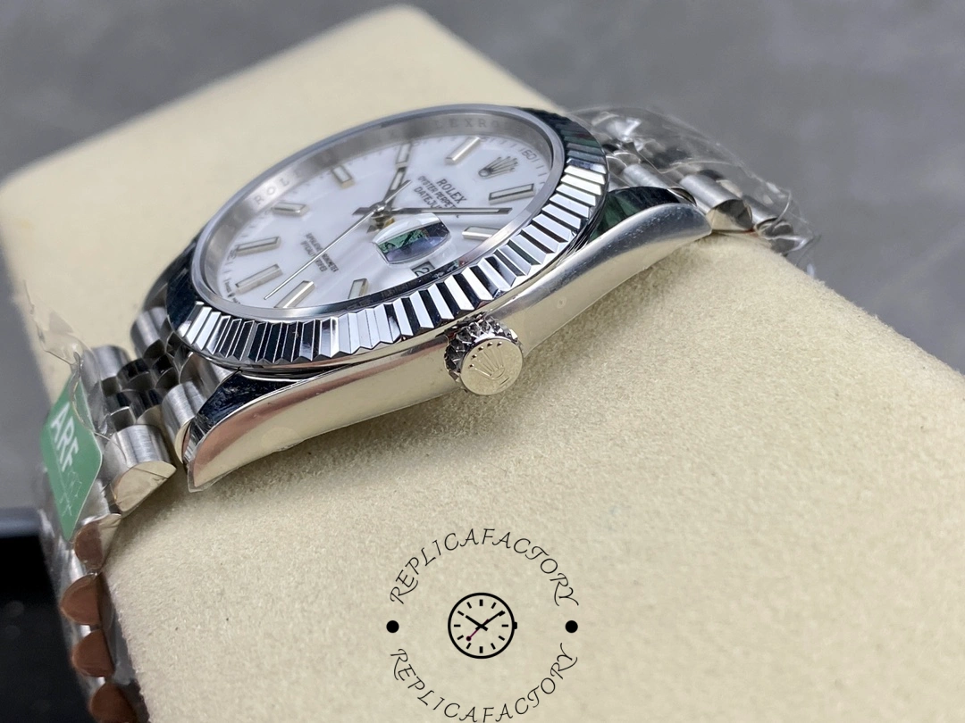 Side view of the Rolex Datejust 41 M126334-0010 showing the crown with engraved Rolex emblem.