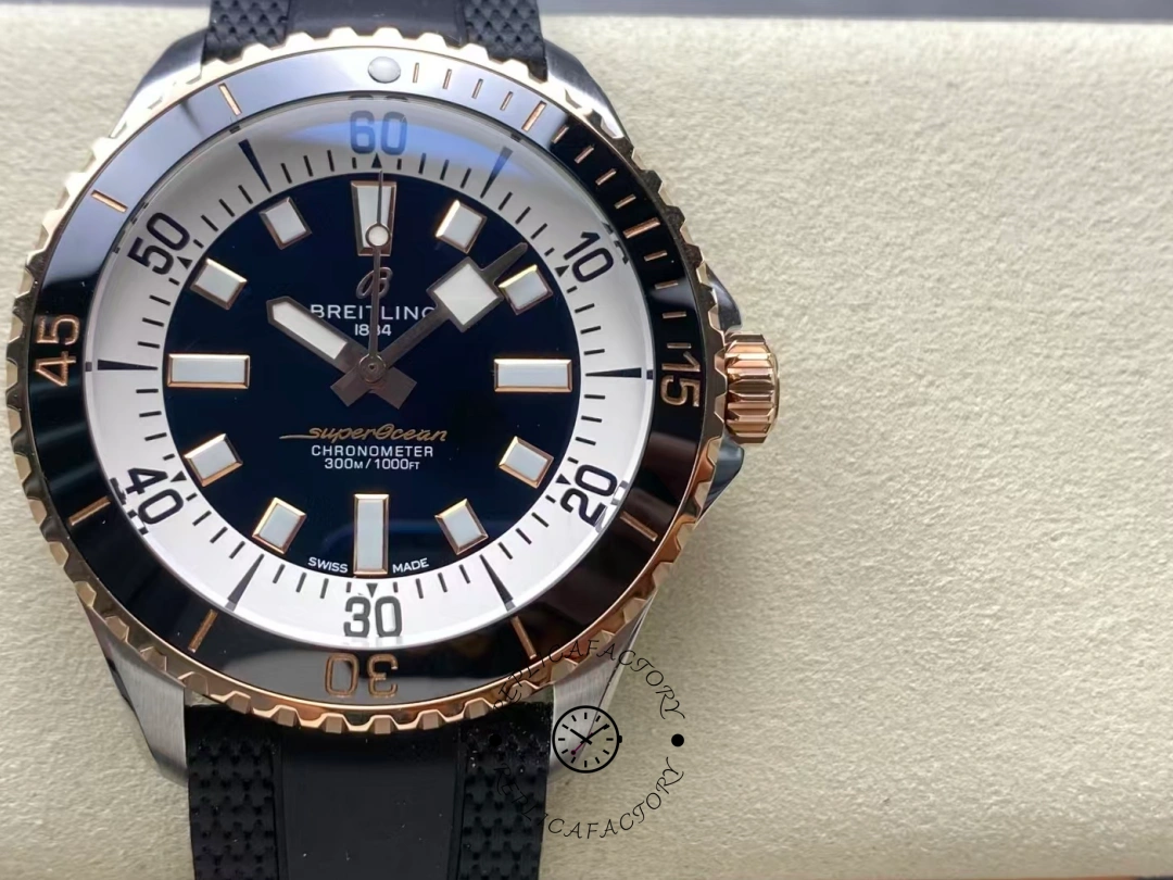 Front view of Breitling Superocean 42 U17375211B1S1 black dial with rose gold bezel. - Front view
