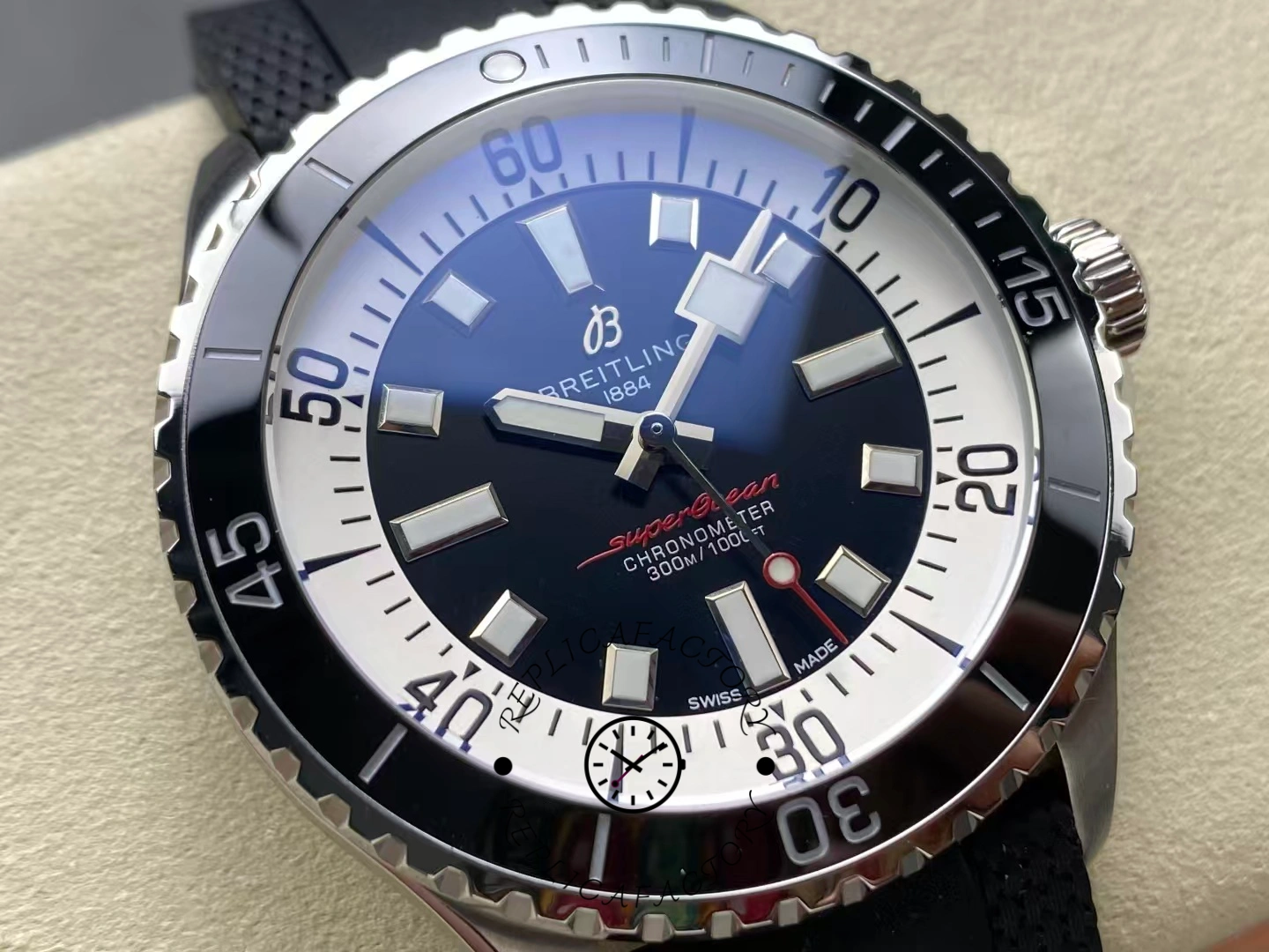 Macro shot of Breitling Superocean 44 A17376211B1S1 showing dial and luminous markers.