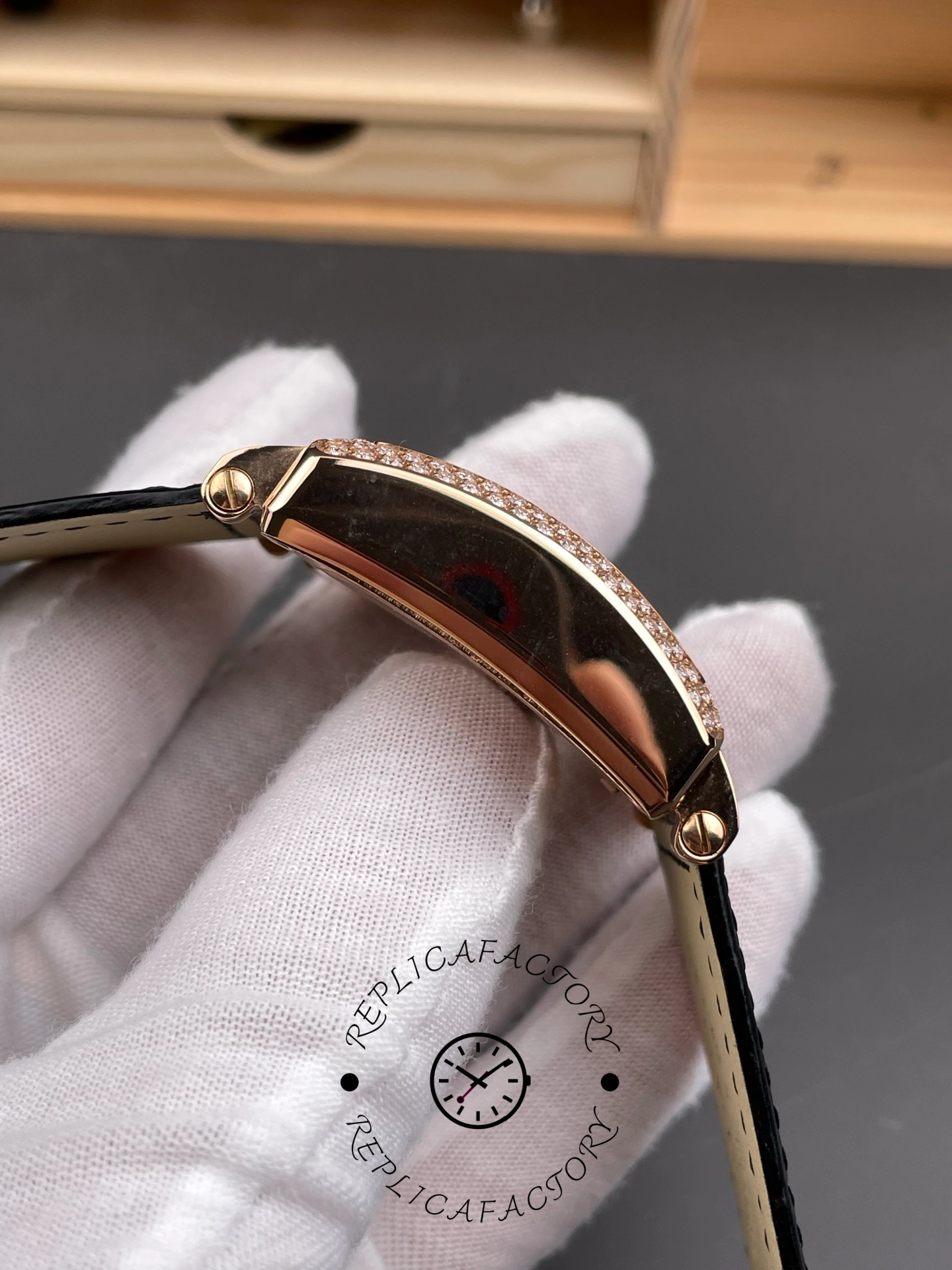 Top-side view of Franck Muller 6000H showing diamond-set upper case edge.