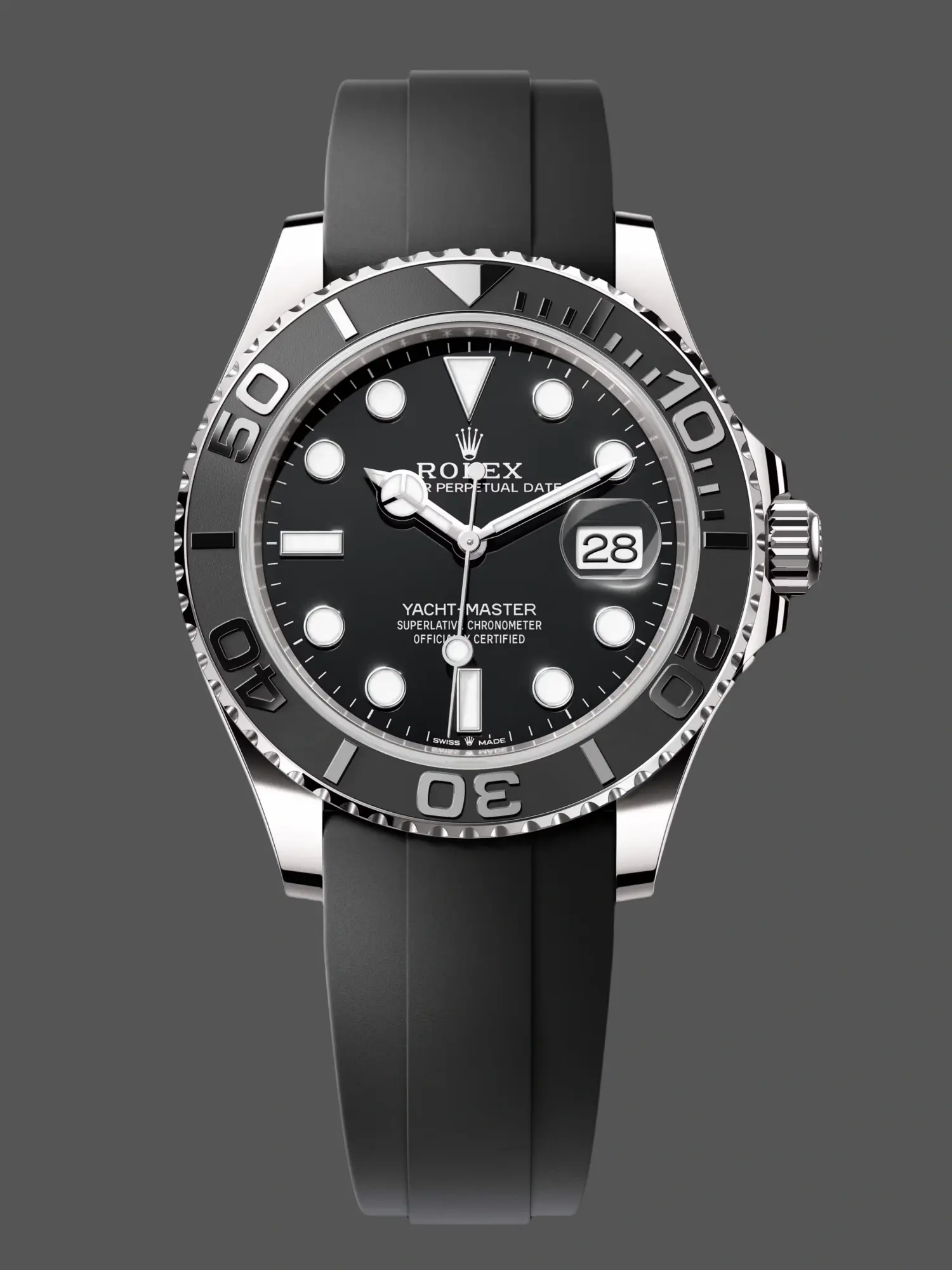Official image of Rolex Yacht-Master 226659 in 18k white gold with black dial and Oysterflex bracelet.