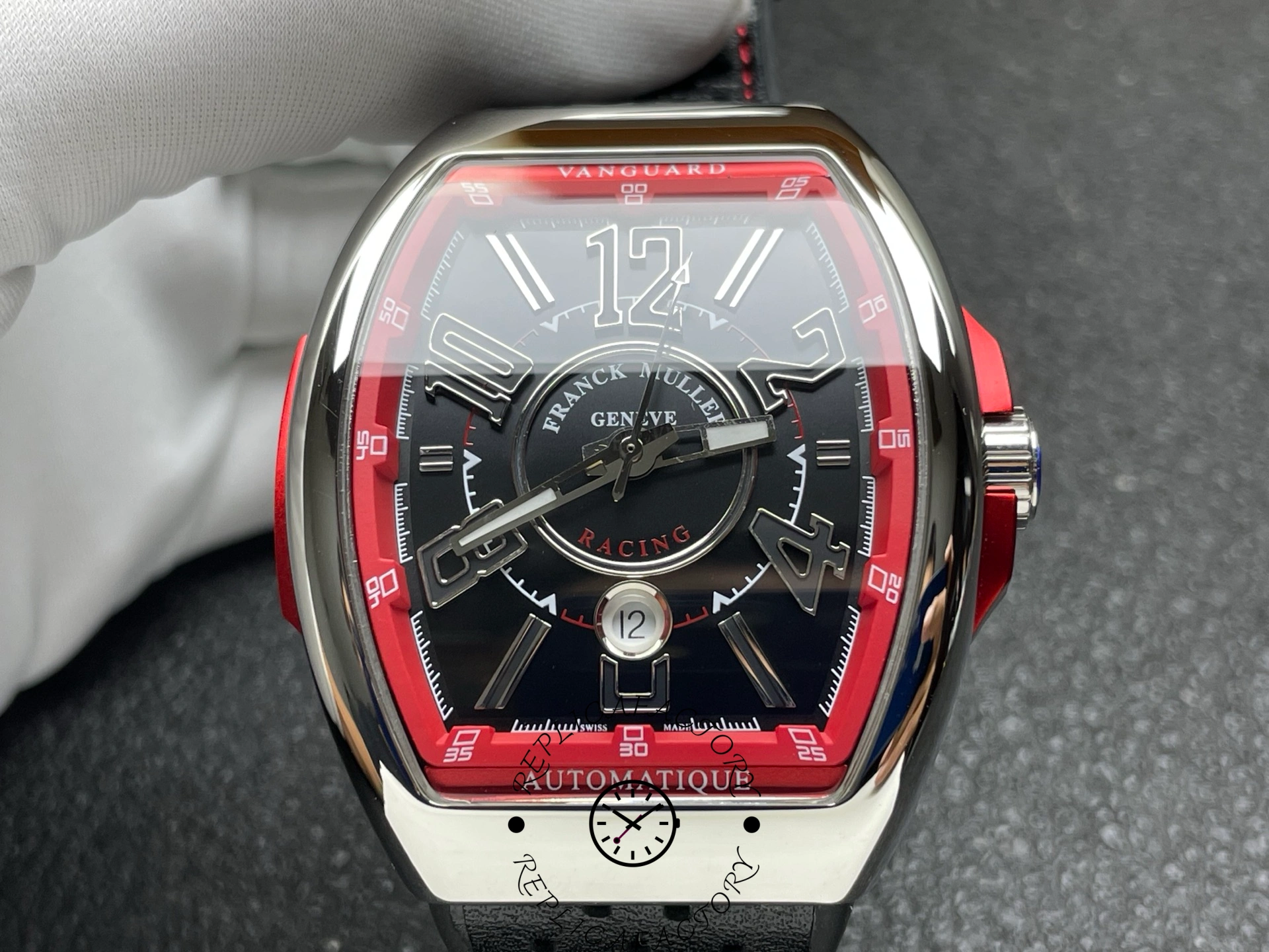 Close-up of the Franck Muller V 45 SC DT RCG dial featuring racing details and date window.