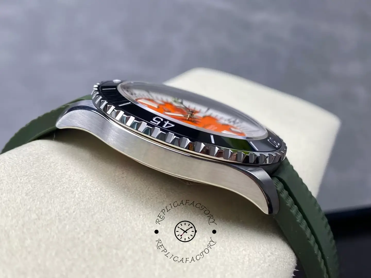 Left side of Breitling Superocean A173751A1O1S1 showing brushed steel case and bezel.