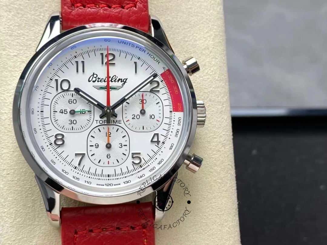 ront view of Breitling Top Time B01 AB01766A1A1X1 white dial red chronograph hand. - Front view