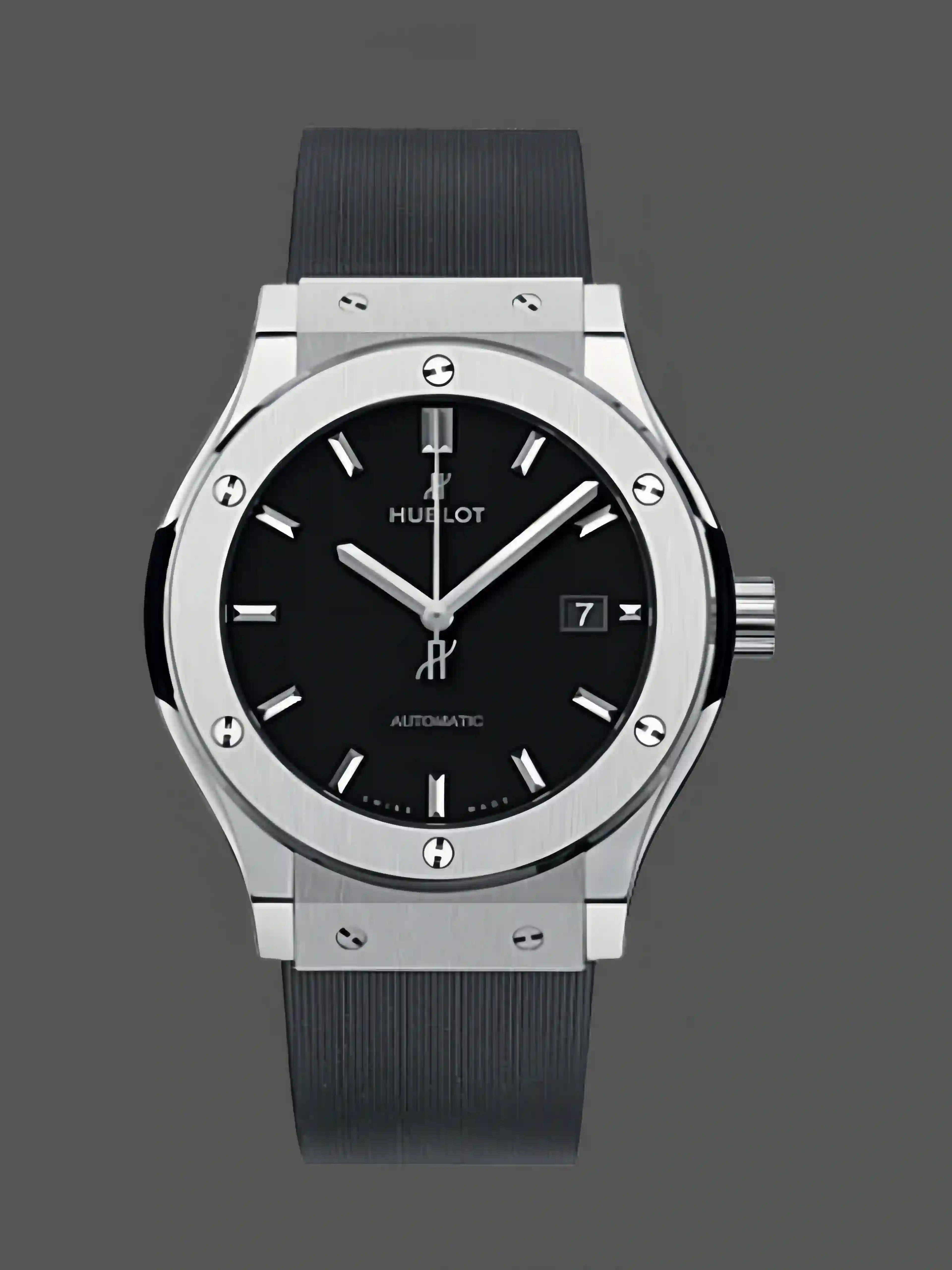 Front view of Hublot Classic Fusion 542.NX.1171.RX replica watch with black dial and titanium case.