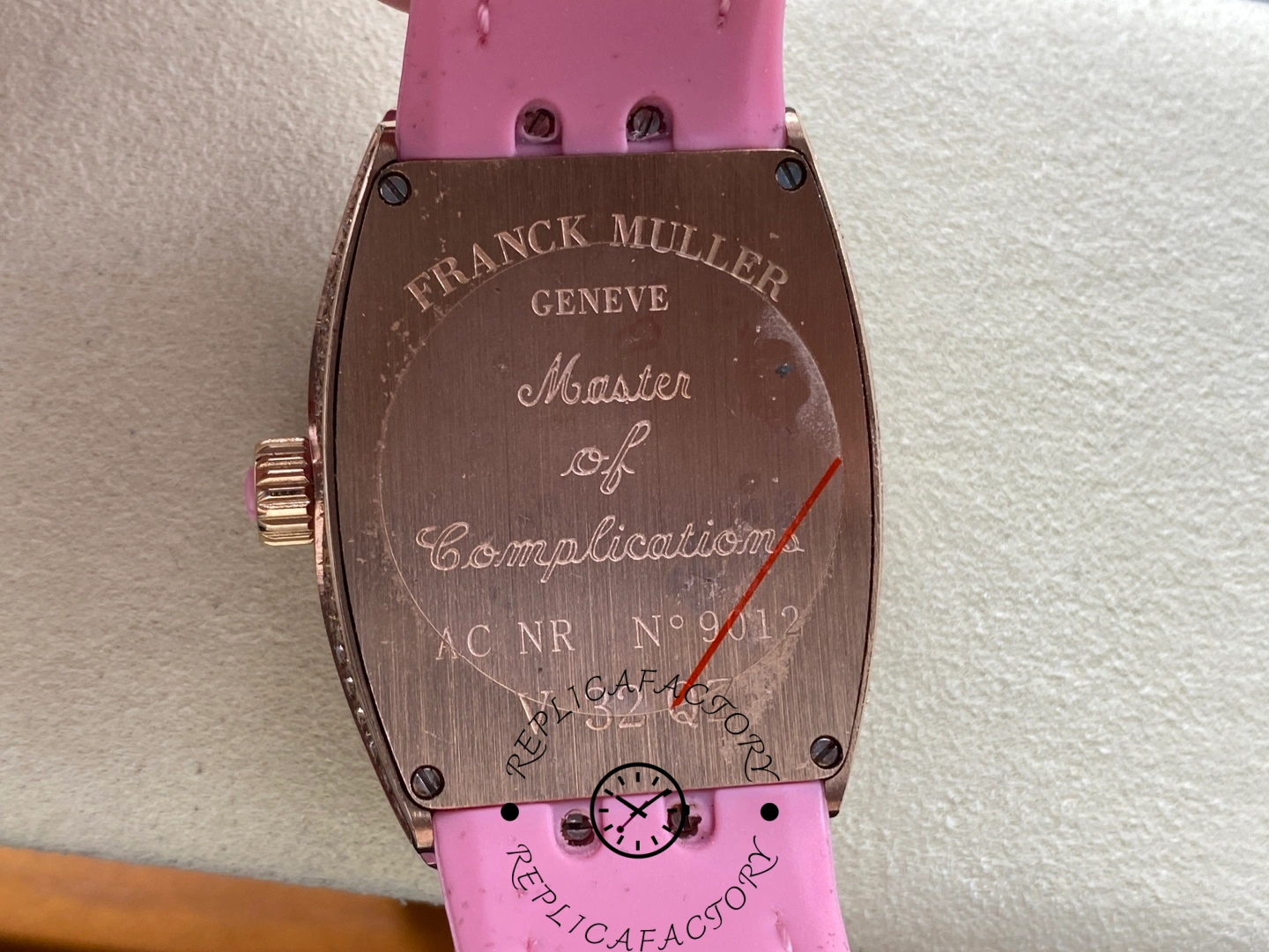 Caseback of the Franck Muller V 32 SC AT FO D CD AC RS AC with engraved markings.