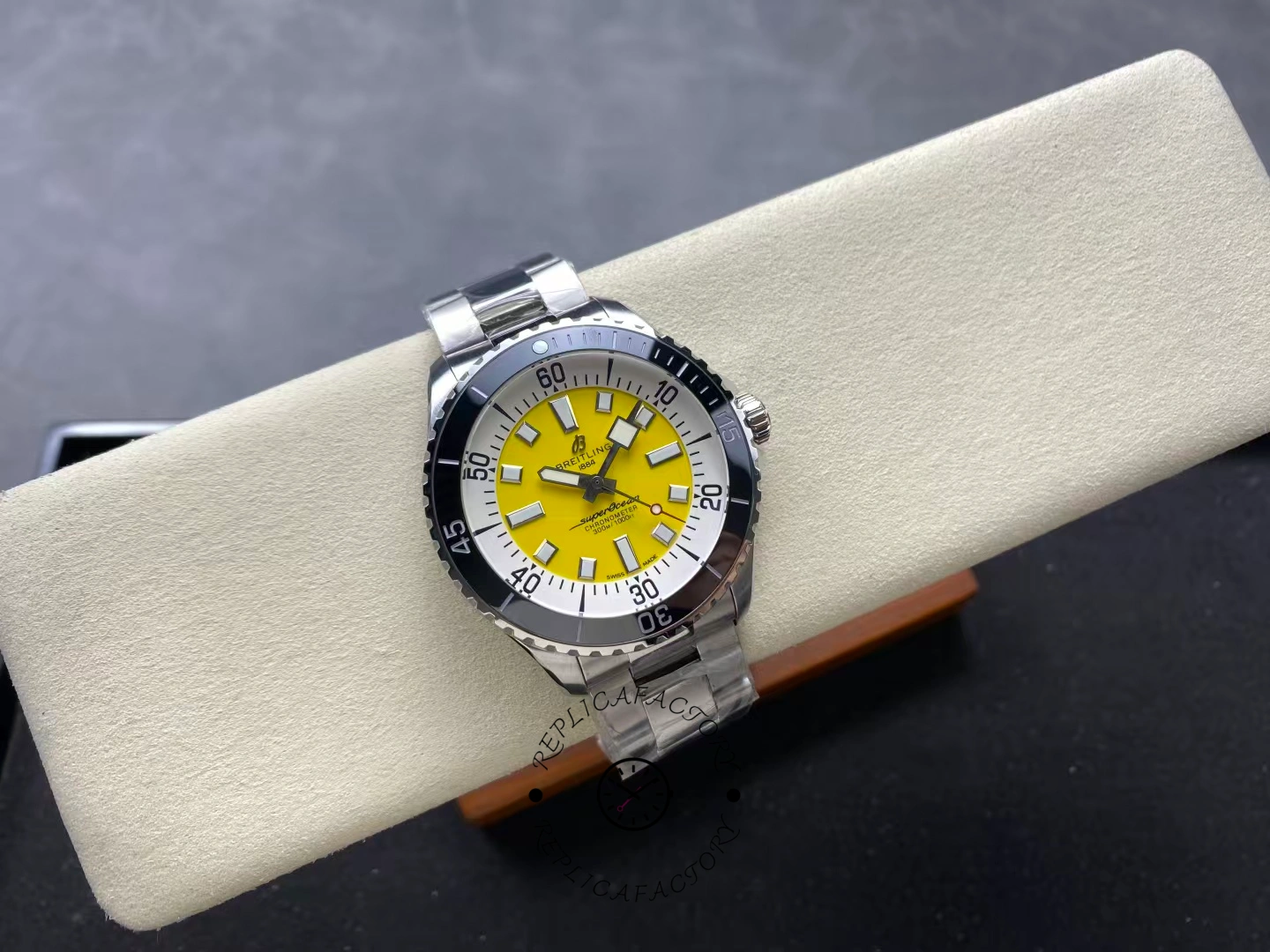 Top view of Breitling Superocean 42 A17375211I1A1 yellow dial with steel bracelet.