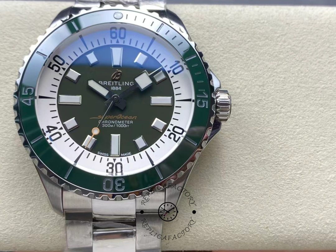 Front view of Breitling Superocean 44 A17376A31L1A1 with green dial and steel bezel. - Front view