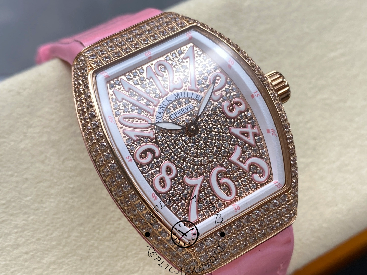 Angled view of the Franck Muller V 32 SC AT FO D CD AC RS AC showing rose gold case and pavé diamonds.
