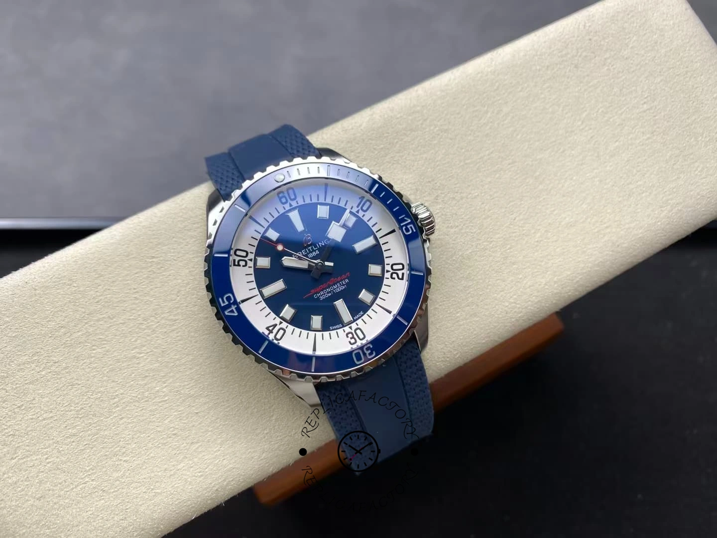 Angled top view of Breitling Superocean A17375E71C1S1 blue dial diving watch.