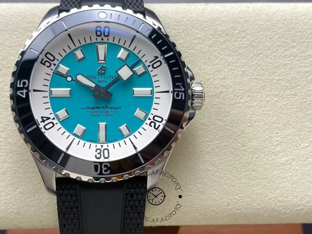 Front view of Breitling Superocean 44 A17376211L2S1 turquoise dial 300m chronometer. - Front view