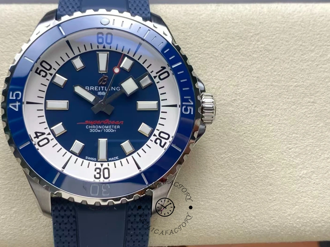 Front view of Breitling Superocean A17375E71C1S1 with blue dial and ceramic bezel. - Front view