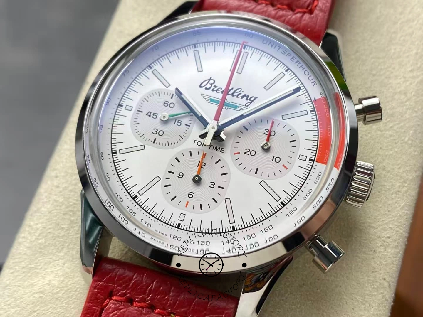 Close-up of Breitling Top Time B01 AB01766A1A1X1 white dial chronograph.