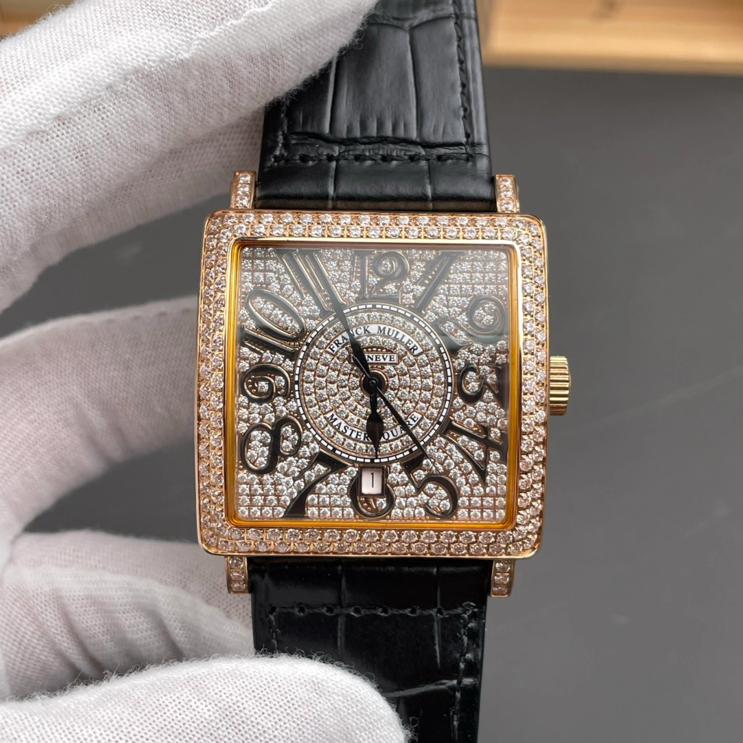 Front view of the Franck Muller 6000H showing pavé diamond dial and rose gold square case.