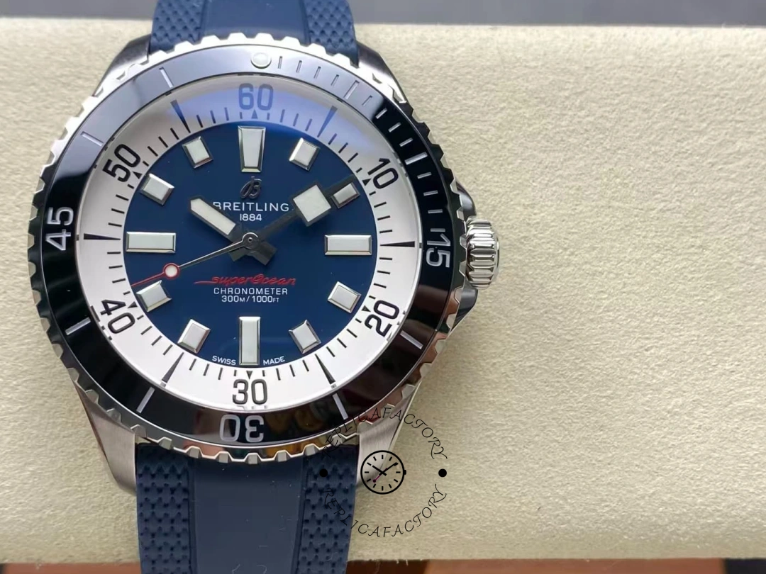 Front view of Breitling Superocean A17376211C1S1 blue dial 300m chronometer. - Front view