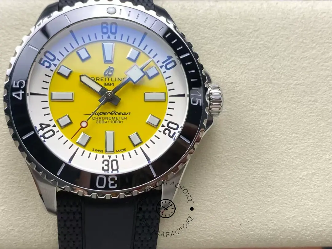Front view of Breitling Superocean A17375211I1S1 yellow dial with black bezel and rubber strap. - Front view