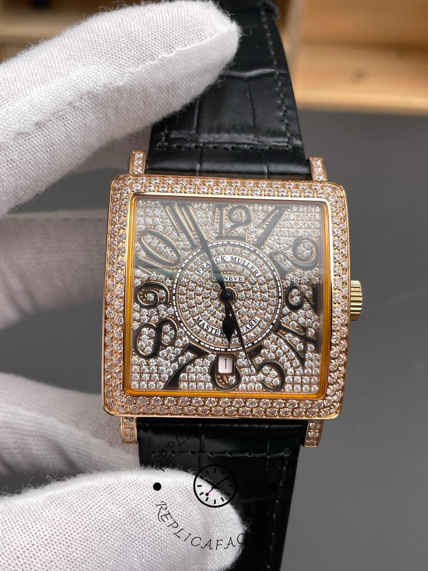 Close-up of Franck Muller 6000H highlighting diamond pavé dial and bold numerals.