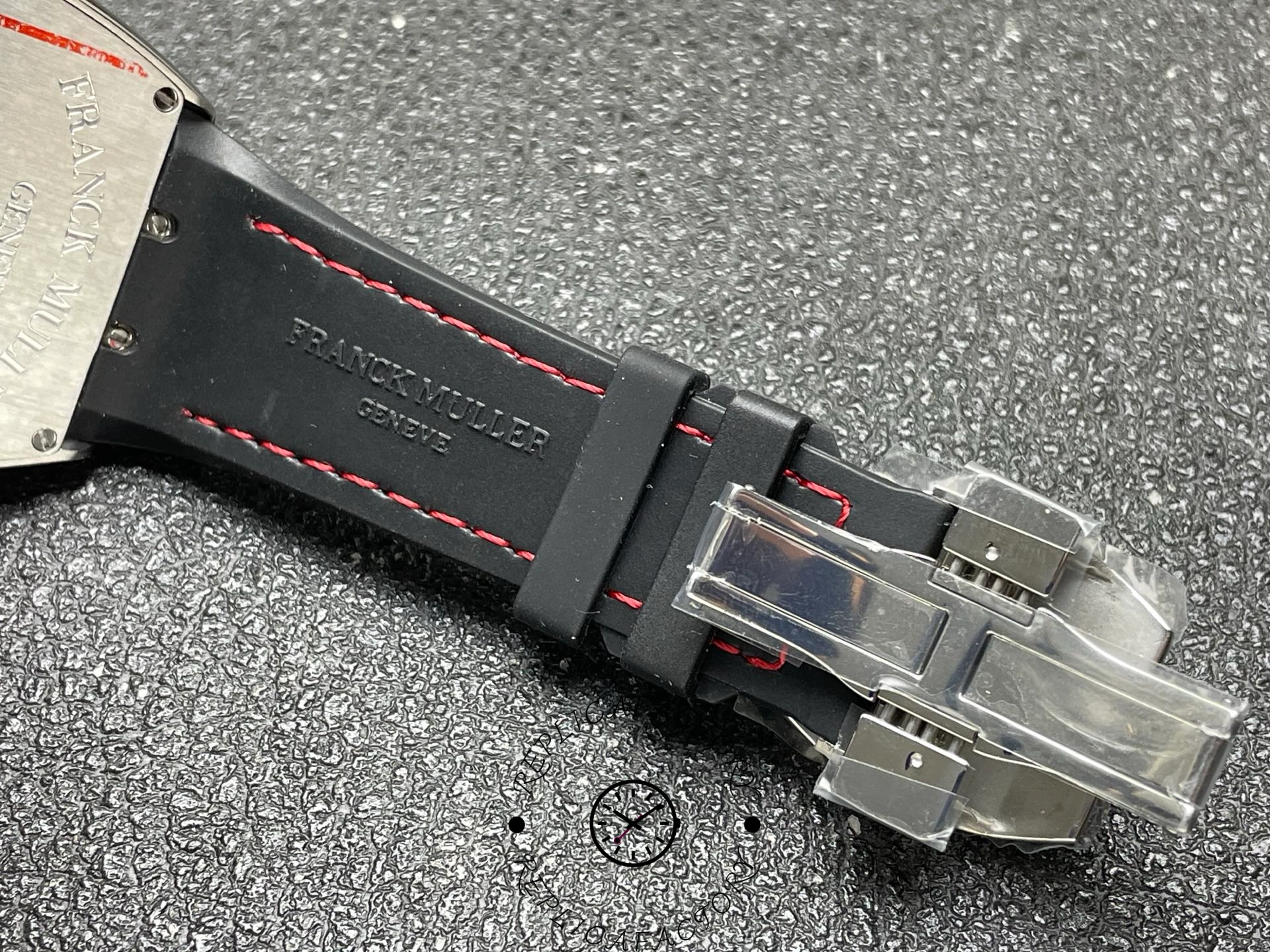 Strap underside of the Franck Muller V 45 SC DT RCG showing stitching and clasp detail.