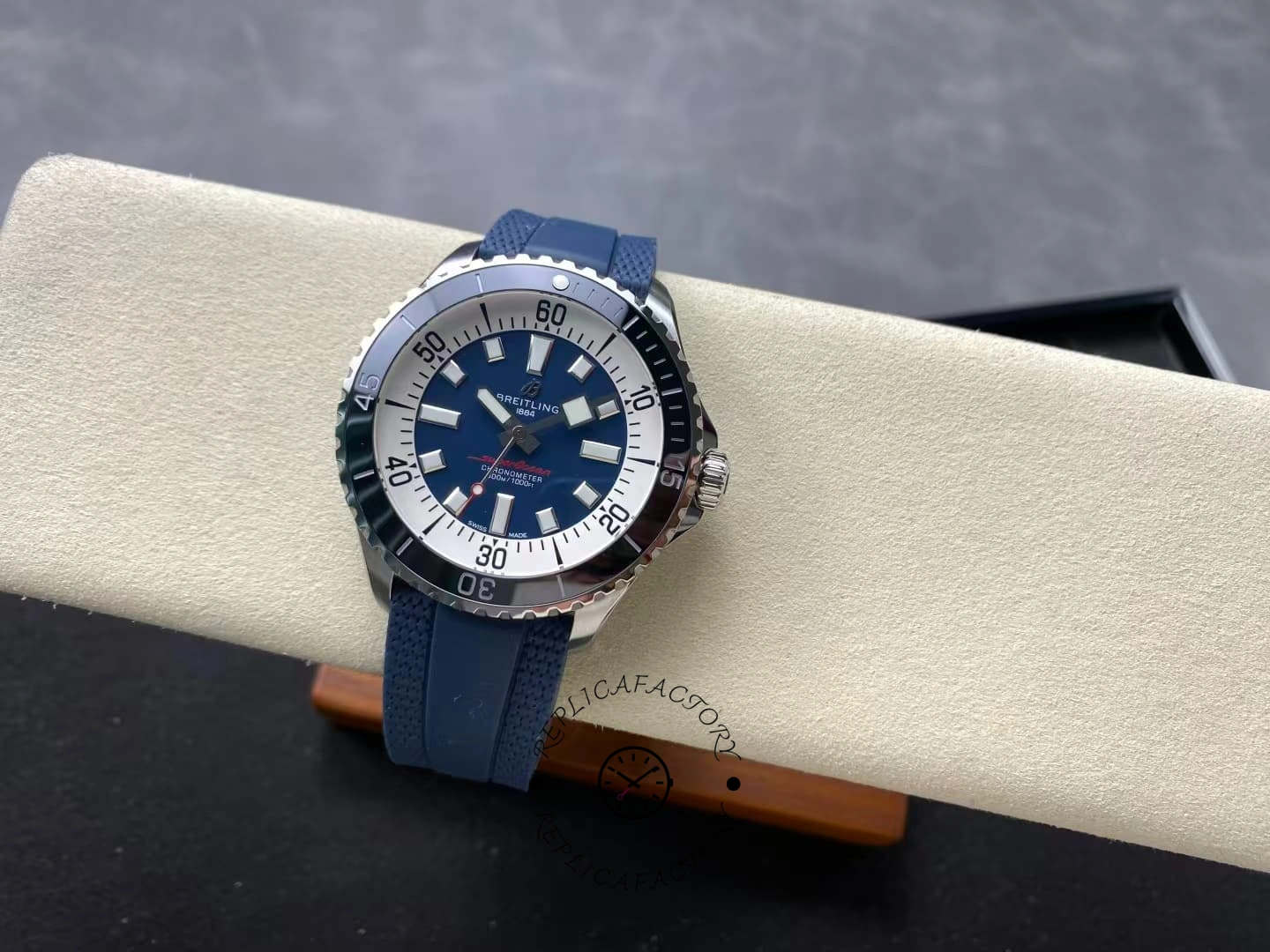 Angled top view of Breitling Superocean A17376211C1S1 blue dial diving watch.