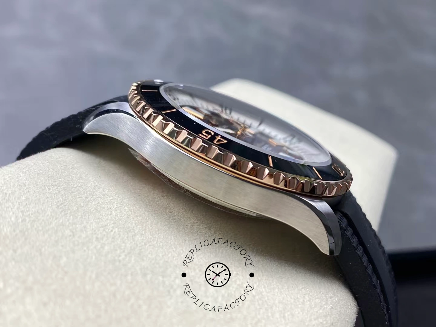 Left side of Breitling Superocean 42 U17375211B1S1 showing brushed steel case.