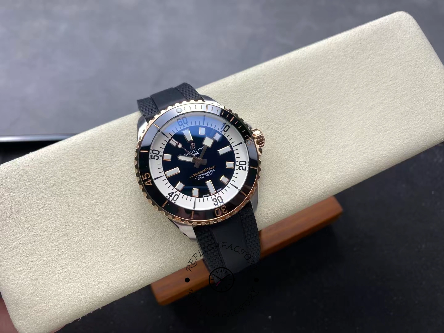 Angled top view of Breitling Superocean 42 U17375211B1S1 with black dial and rubber strap.