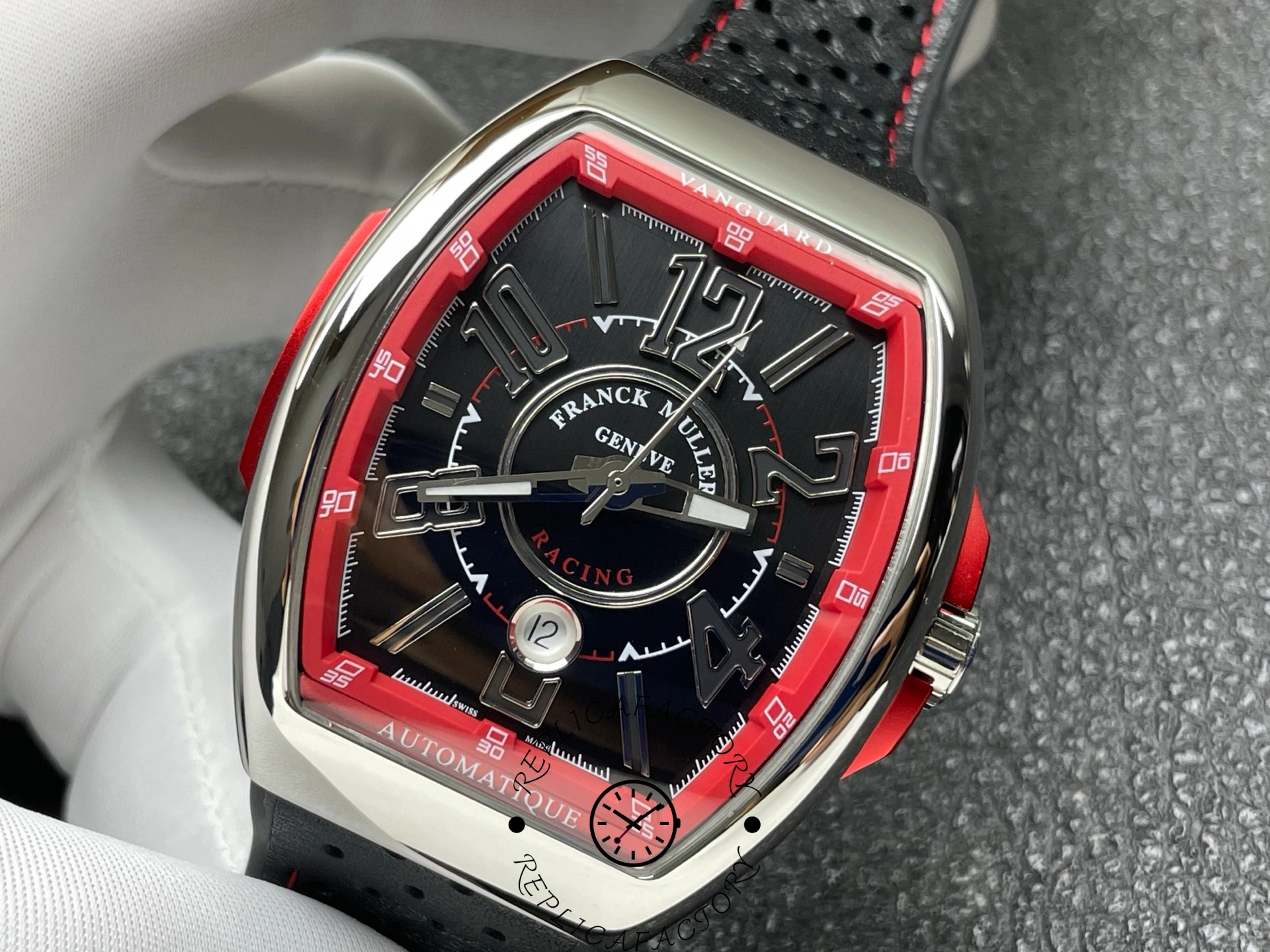 Side-angled view of the Franck Muller V 45 SC DT RCG with polished case and red detailing.