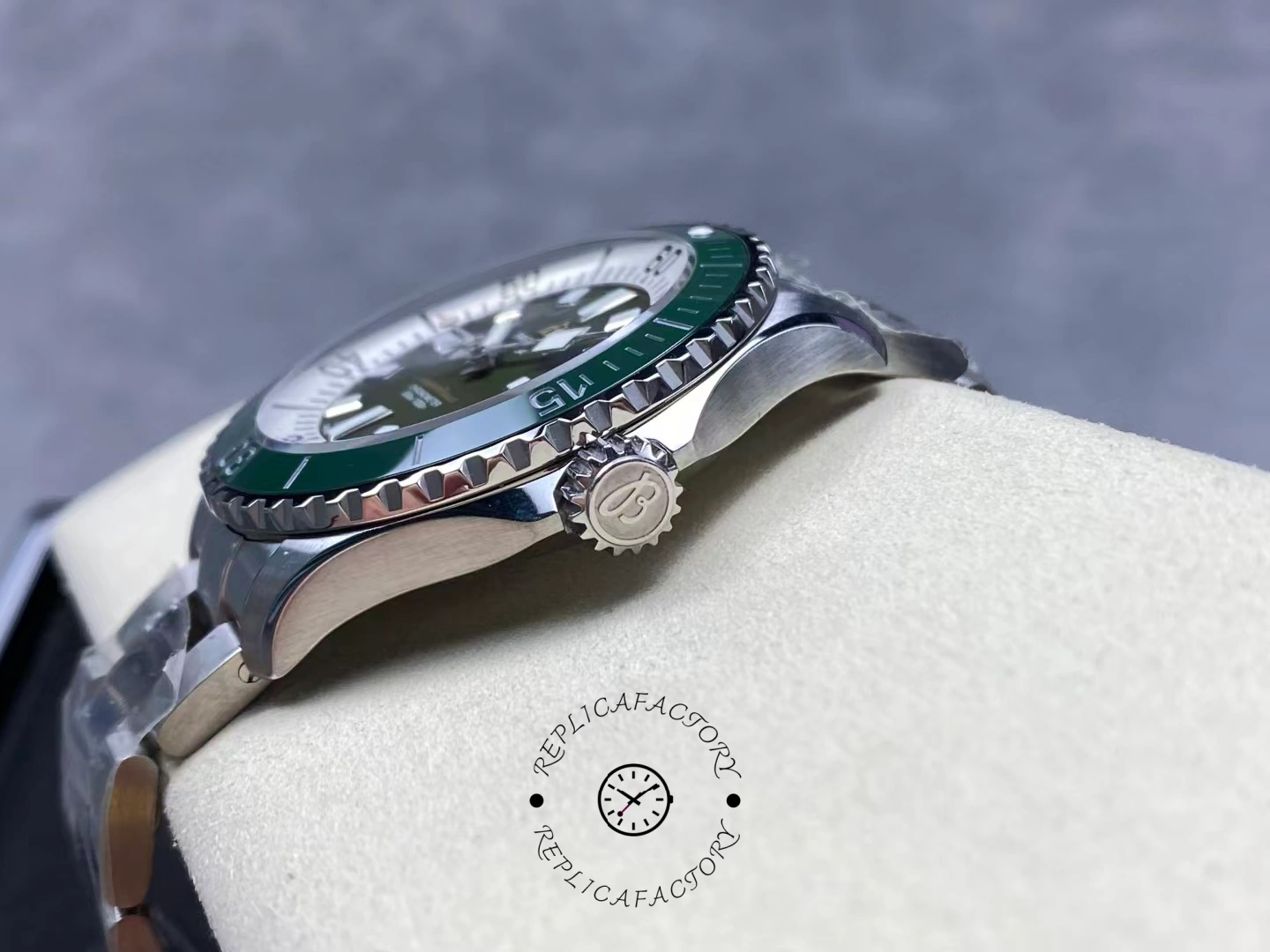 Side view of Breitling Superocean 44 A17376A31L1A1 showing signed crown and bezel teeth.