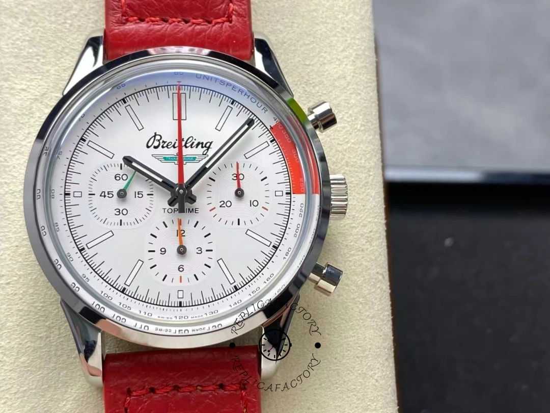 Front view of Breitling Top Time B01 AB01766A1A1X1 white dial red chronograph hand. - Front view