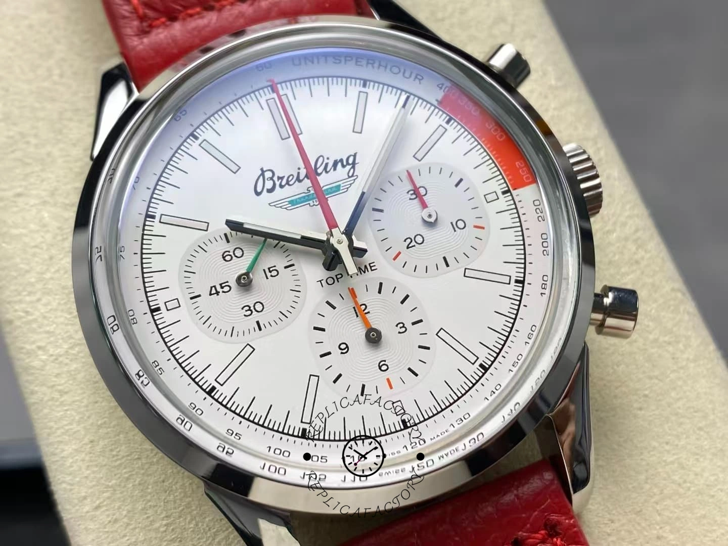 Macro view of Breitling Top Time B01 AB01766A1A1X1 tri-compax white dial.