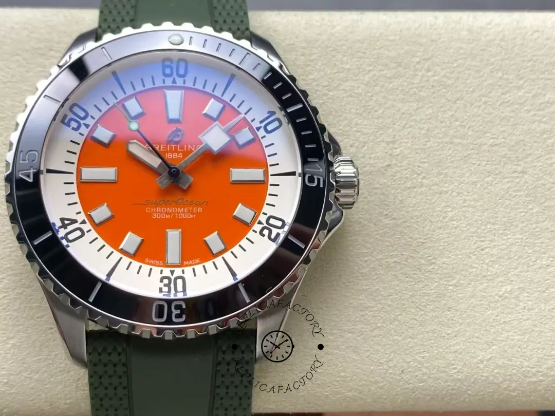 Front view of Breitling Superocean A173751A1O1S1 orange dial 300m chronometer. - Front view