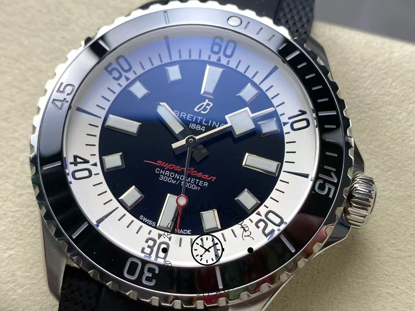 Close-up of Breitling Superocean 44 A17376211B1S1 black dial and steel bezel.