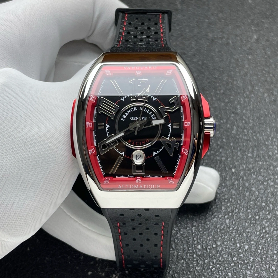 Front view of the Franck Muller V 45 SC DT RCG showing the black dial and red racing accents.