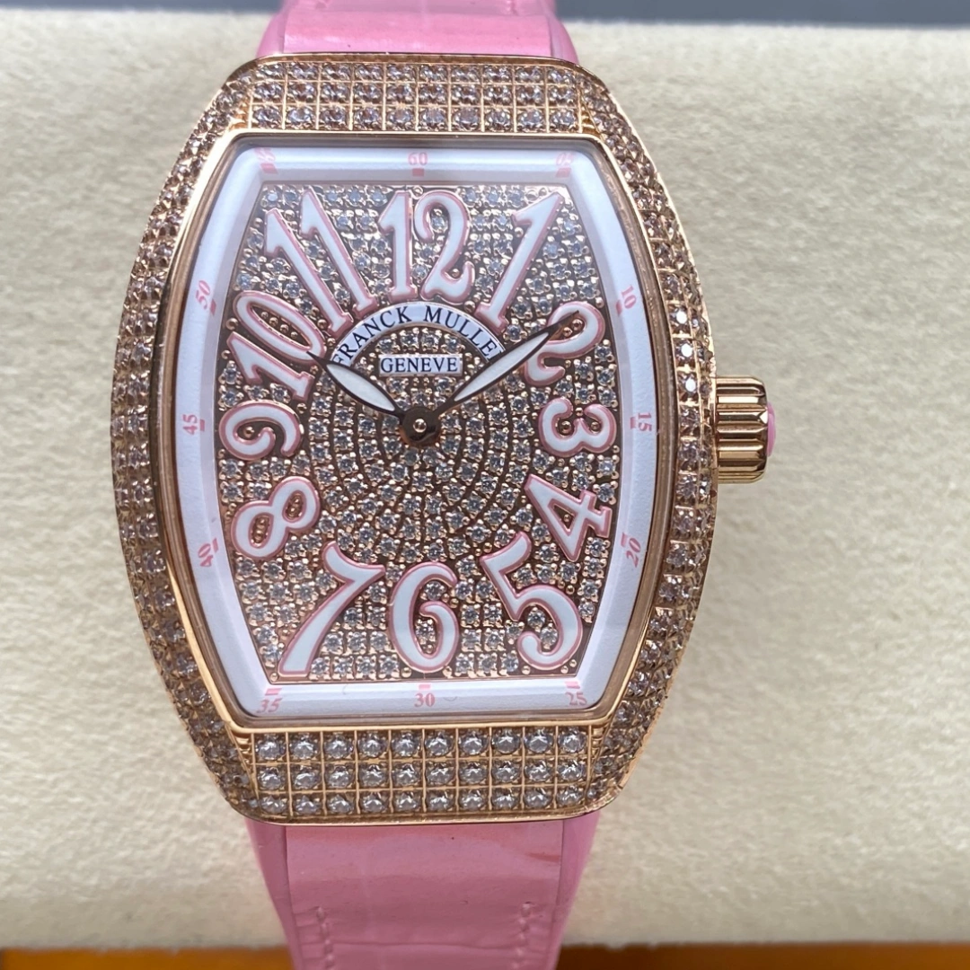 Front view of the Franck Muller V 32 SC AT FO D CD AC RS AC with full diamond dial and pink numerals.
