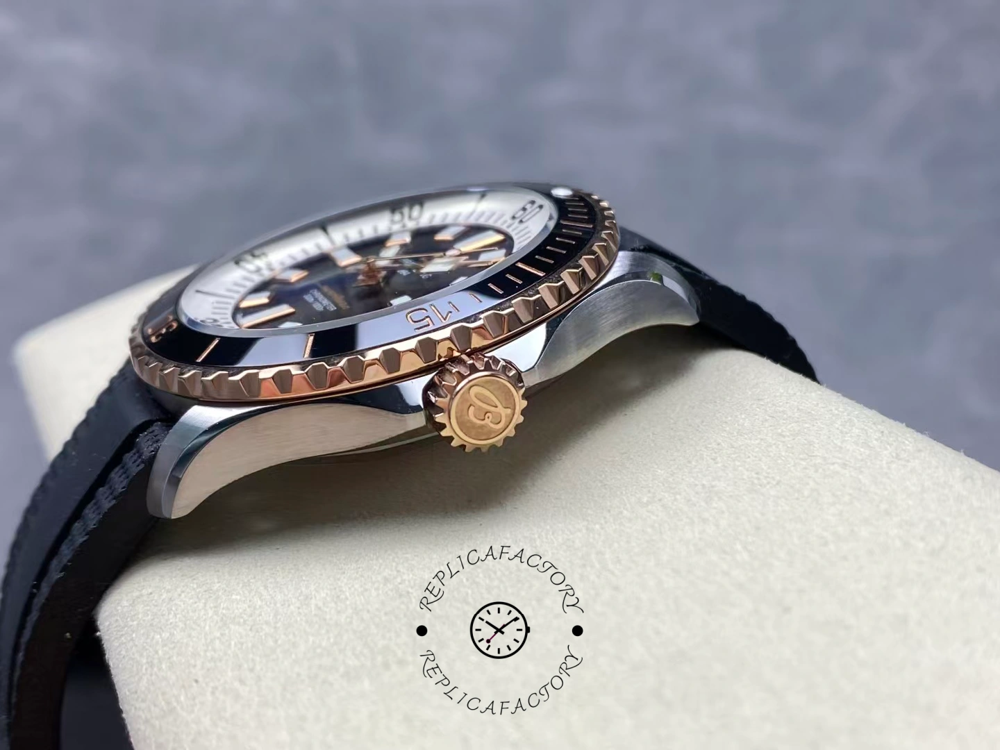 Side view of Breitling Superocean 42 U17375211B1S1 showing rose gold crown and bezel edge.