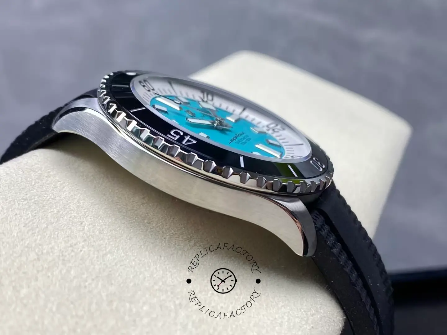 Left side of Breitling Superocean 44 A17376211L2S1 showing brushed steel case.