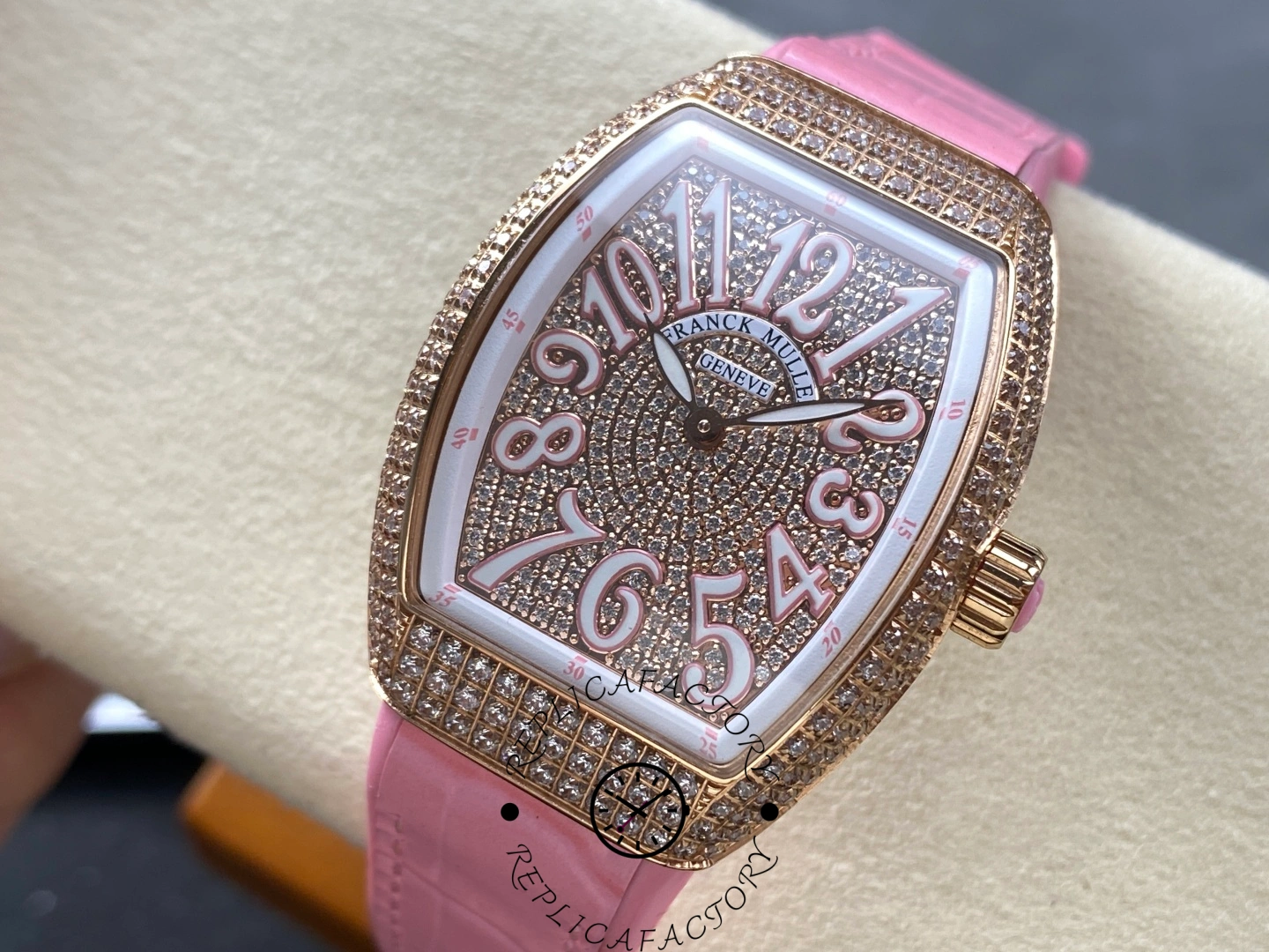 Close-up angled shot of the Franck Muller V 32 SC AT FO D CD AC RS AC highlighting diamond details.