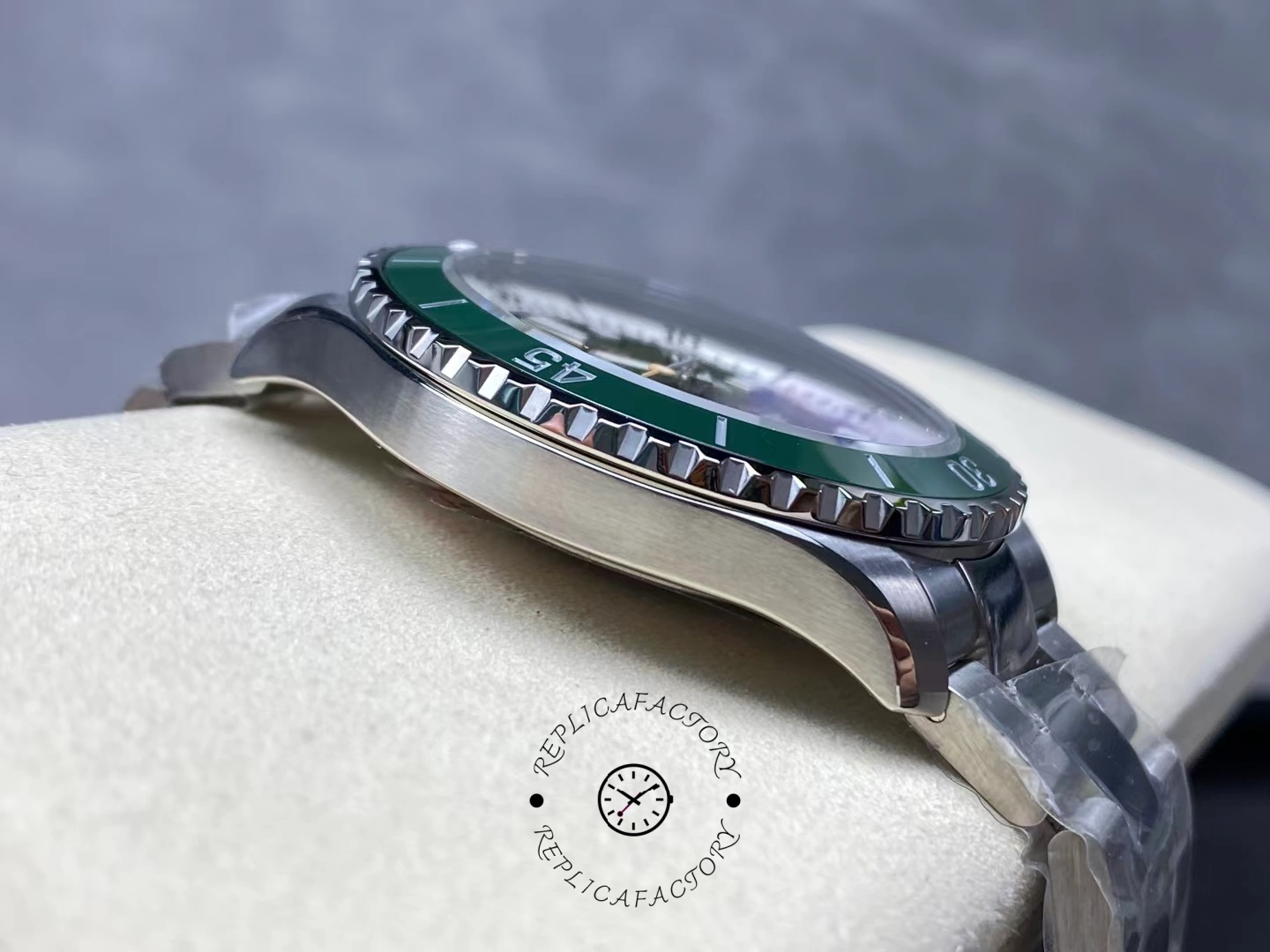 Left side of Breitling Superocean 44 A17376A31L1A1 showing brushed steel case finish.