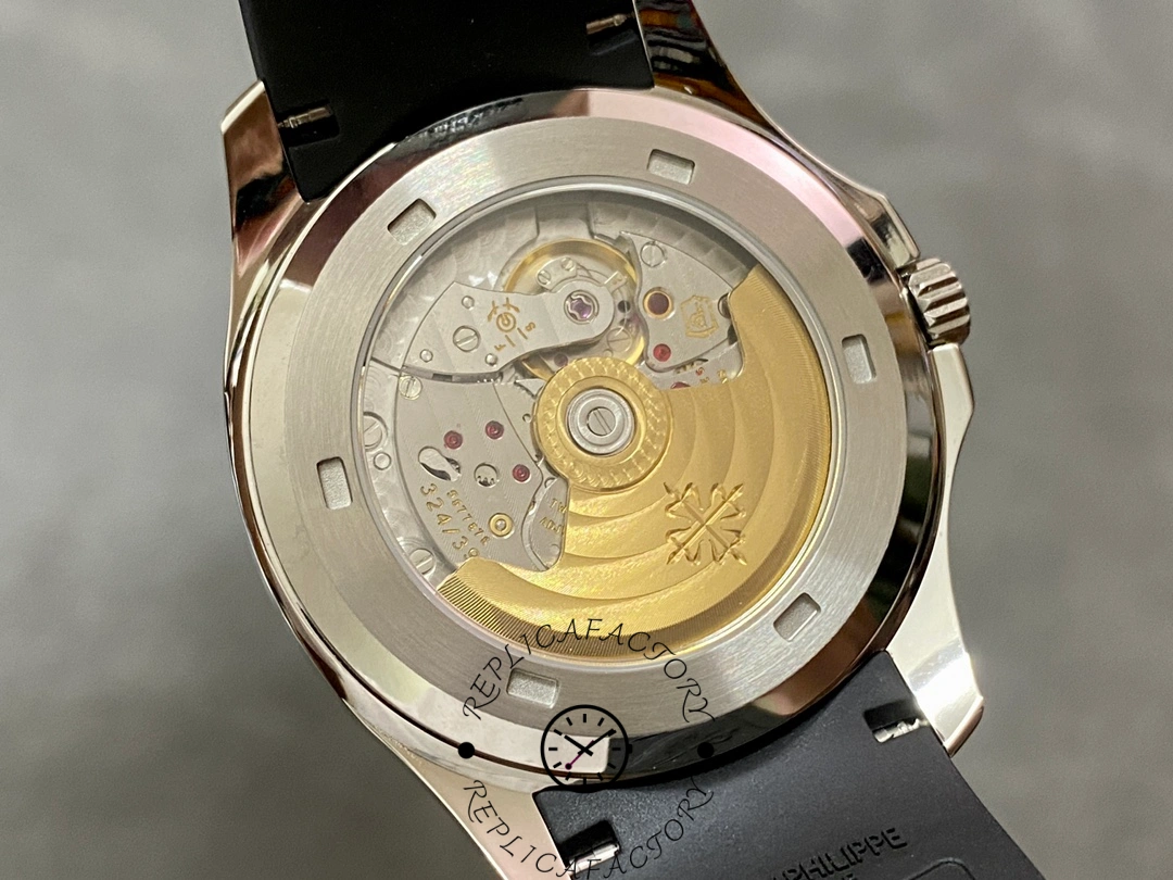 Caseback view of the Patek Philippe Aquanaut 5167A-001 showing the 324 SC automatic movement.