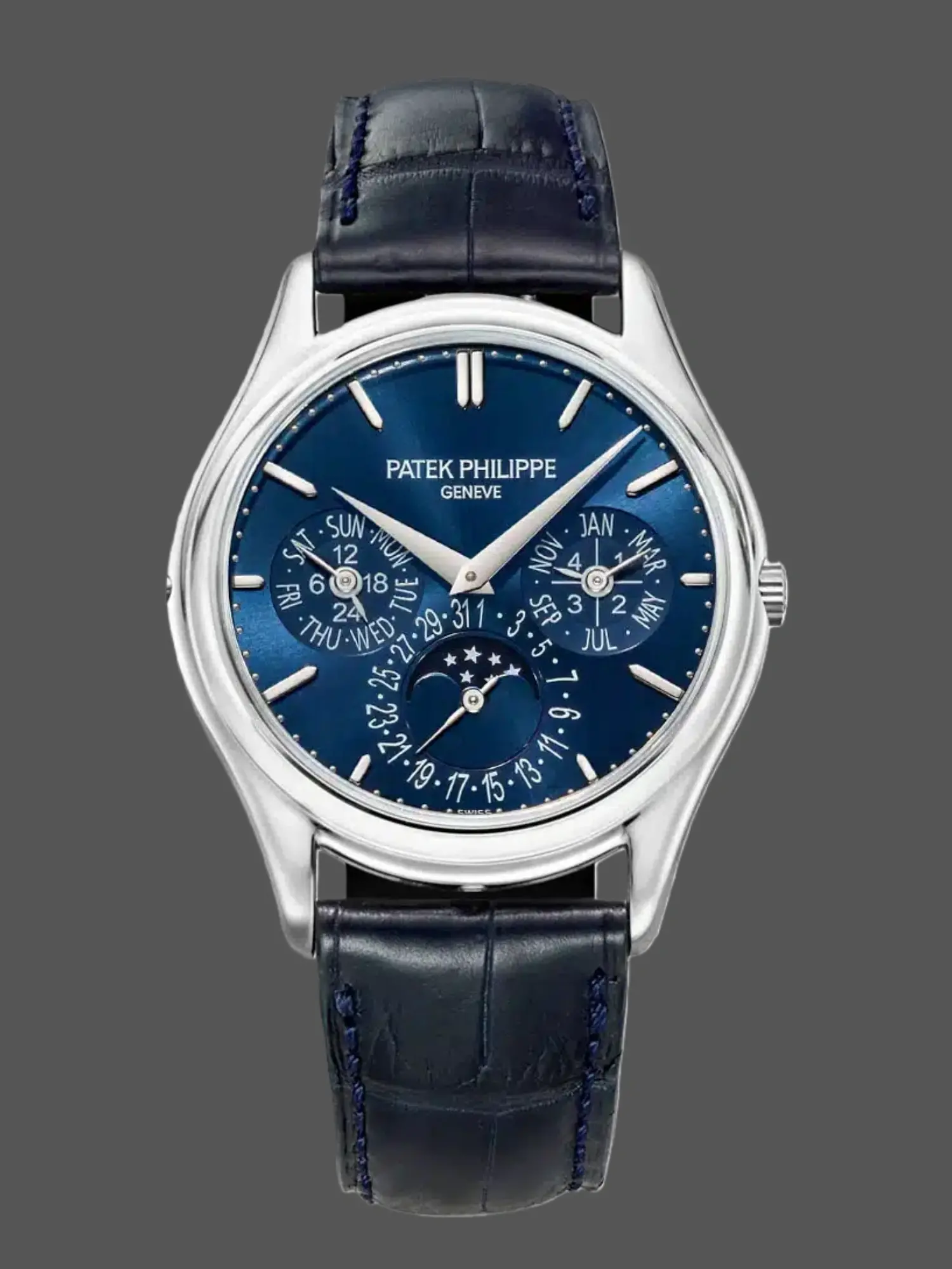 Front view of the Patek Philippe 5140P-001 showing blue perpetual calendar dial and moonphase display.