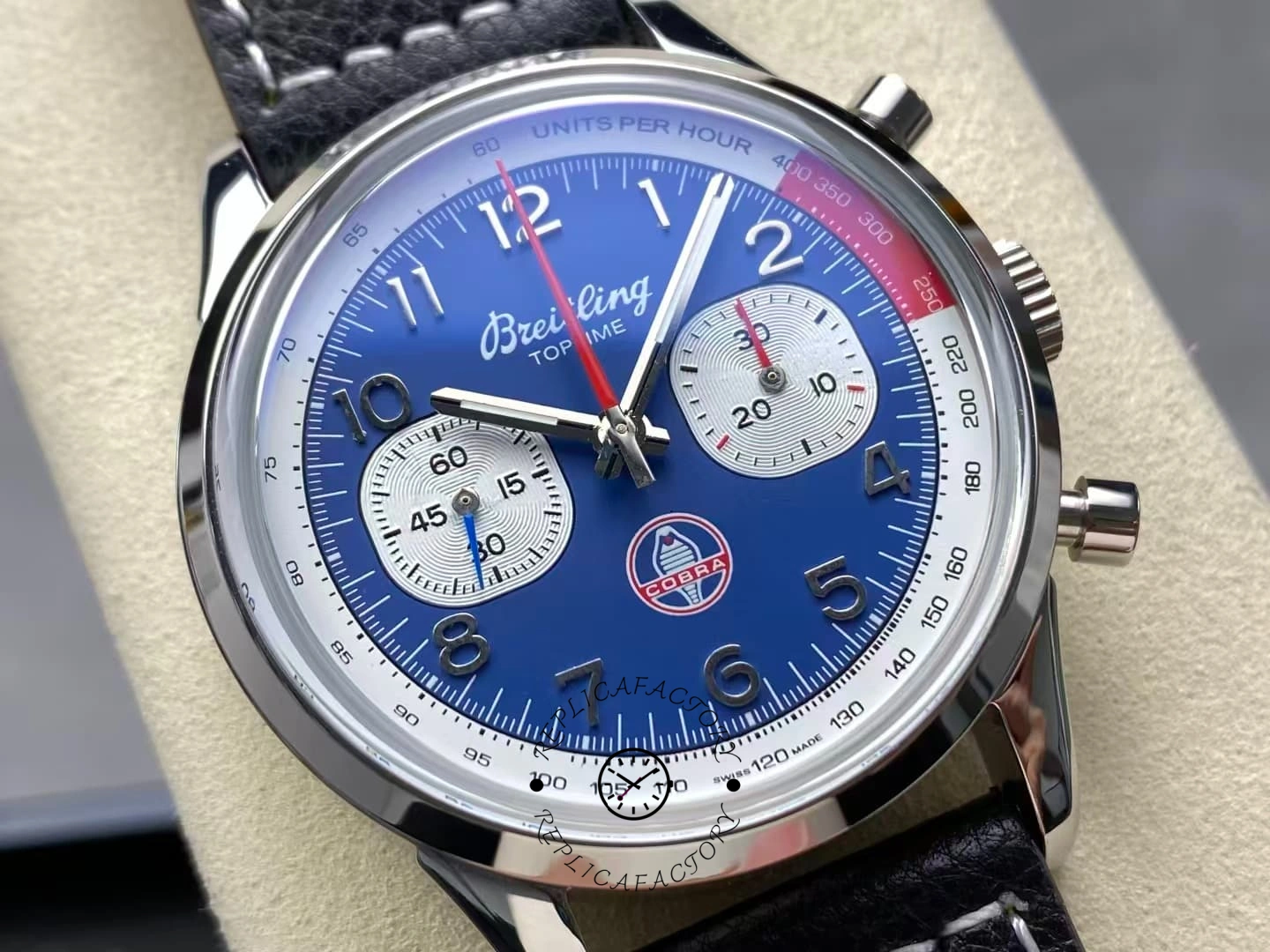 Close-up of Breitling Top Time B01 Shelby Cobra AB01763A1C1X1 dual subdial chronograph.