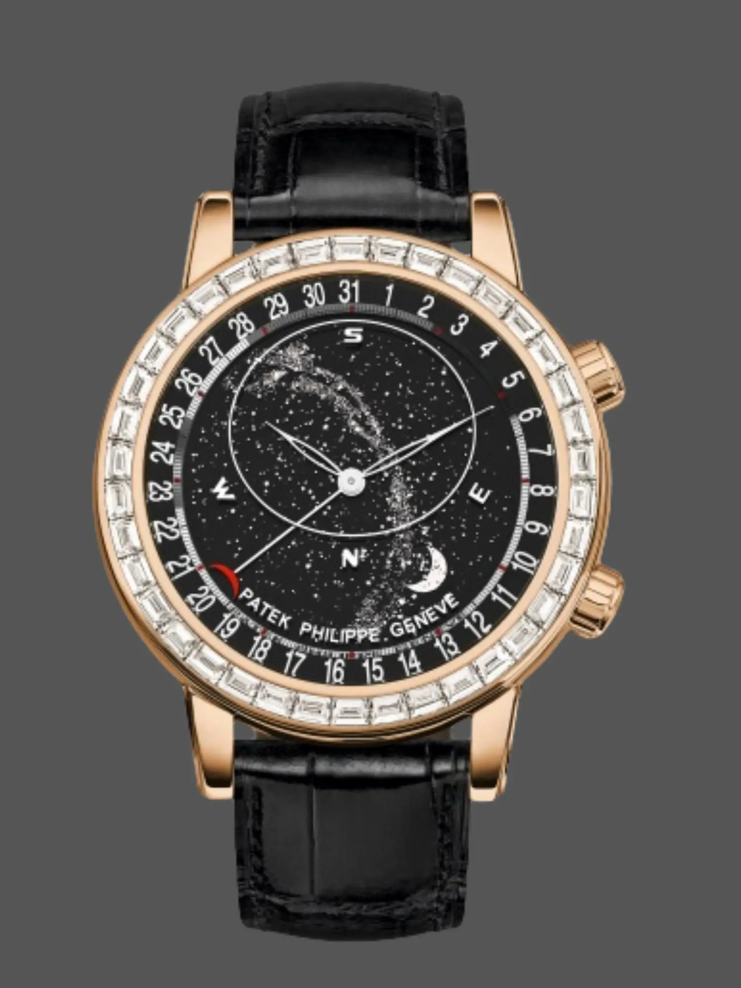 Front view of the Patek Philippe 6104R-001 showing celestial dial and baguette-diamond bezel.