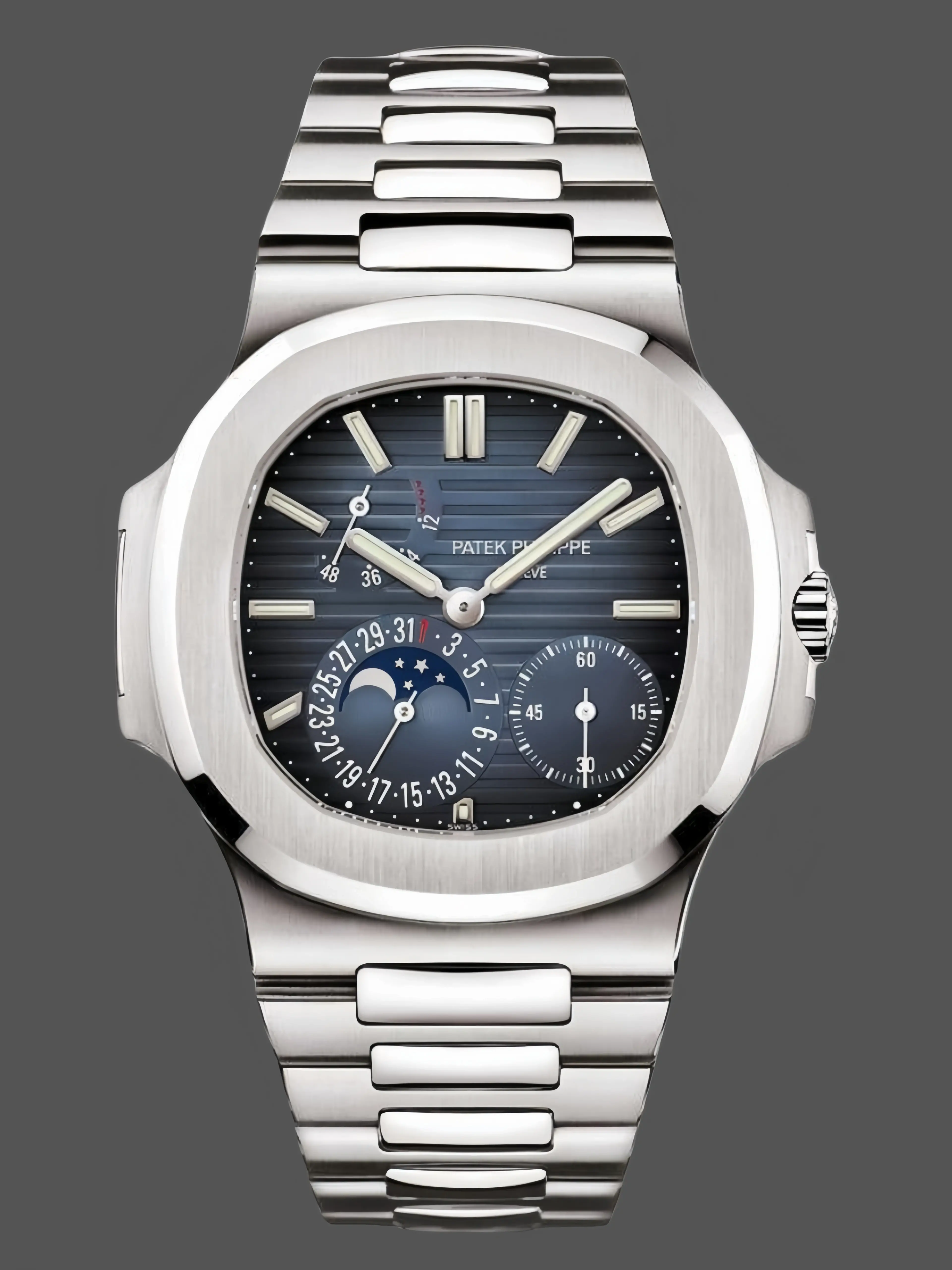 Front view of the Patek Philippe Nautilus 5712/1A-001 showing blue dial with moonphase and power reserve.