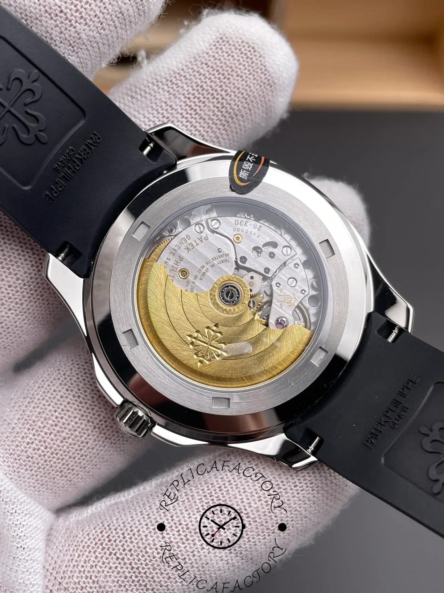 Exhibition caseback of the Patek Philippe Aquanaut 5167A-001 showing movement.