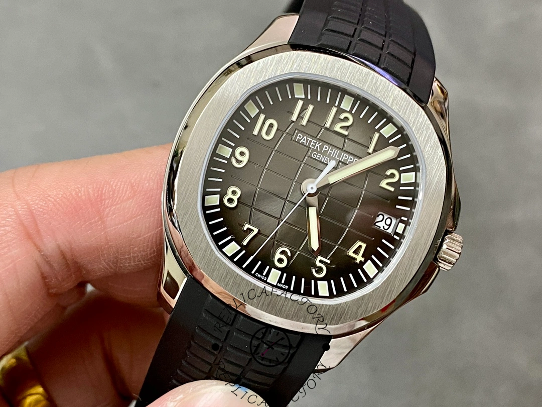 Front view of the Patek Philippe Aquanaut 5167A-001 showing dial details and rubber strap connection.