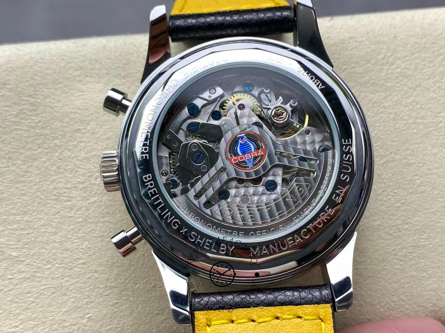 Caseback of Breitling Top Time B01 Shelby Cobra AB01763A1C1X1 showing Cobra rotor logo.